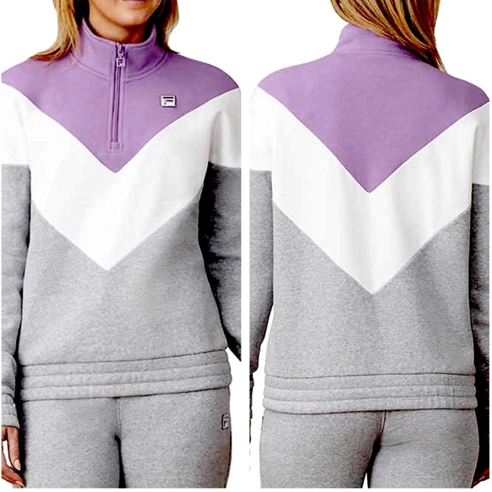 Purple Gray White FILA Chevron Quarter Half Zip Long Sleeve Sport Sweater Medium